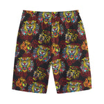 Red Tiger Tattoo Pattern Print Cotton Shorts