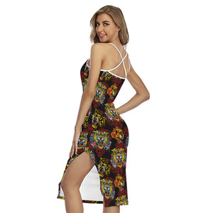 Red Tiger Tattoo Pattern Print Cross Back Cami Dress