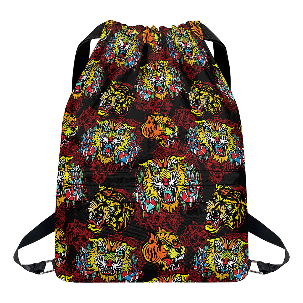 Red Tiger Tattoo Pattern Print Drawstring Backpack