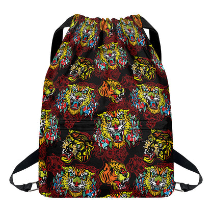 Red Tiger Tattoo Pattern Print Drawstring Backpack