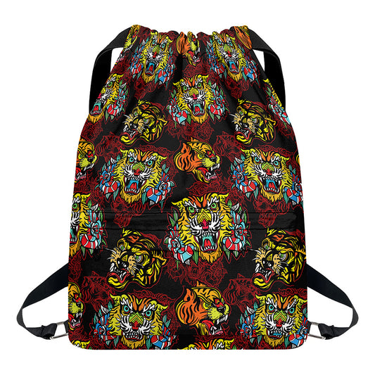 Red Tiger Tattoo Pattern Print Drawstring Backpack