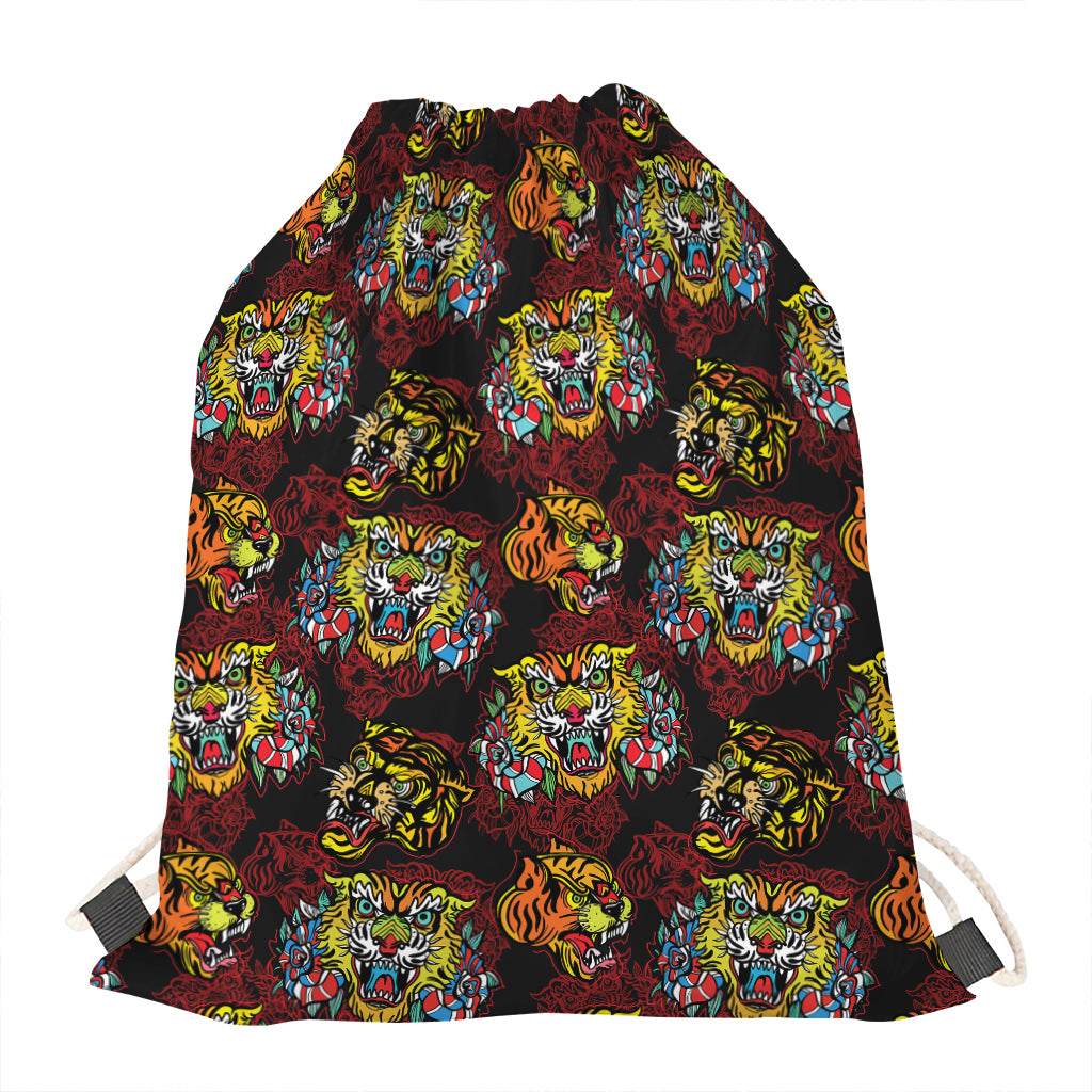 Red Tiger Tattoo Pattern Print Drawstring Bag