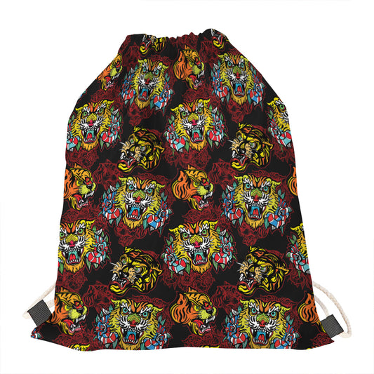 Red Tiger Tattoo Pattern Print Drawstring Bag