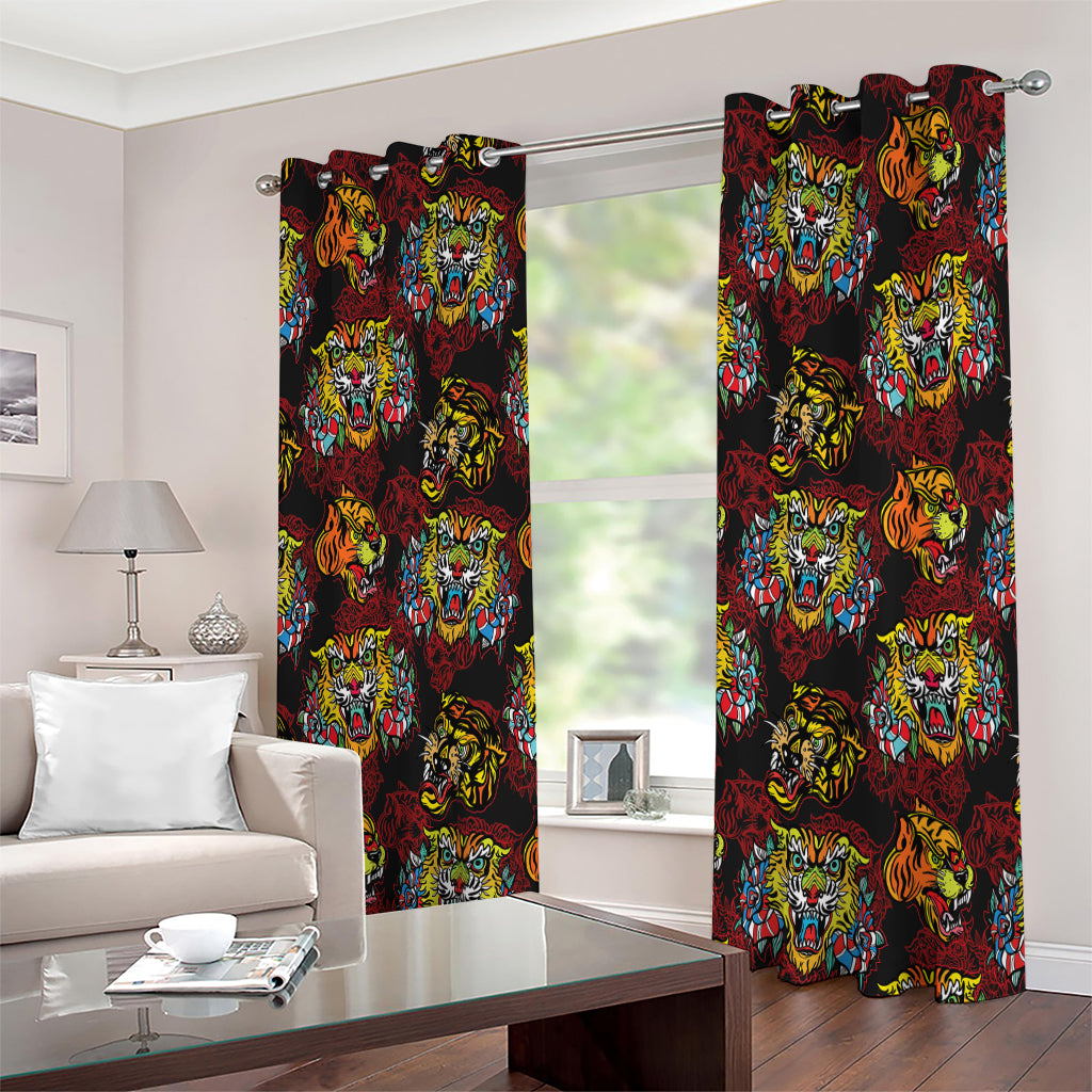 Red Tiger Tattoo Pattern Print Extra Wide Grommet Curtains