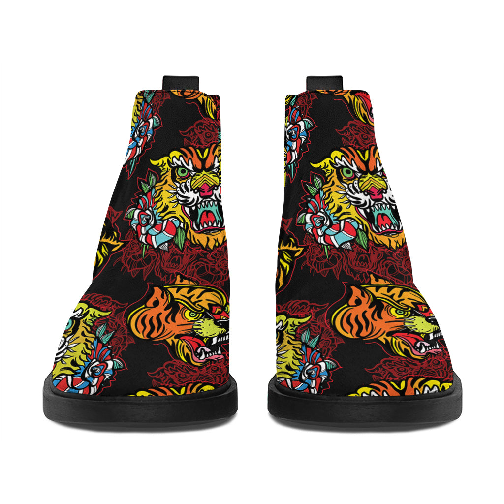 Red Tiger Tattoo Pattern Print Flat Ankle Boots