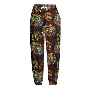 Red Tiger Tattoo Pattern Print Fleece Lined Knit Pants