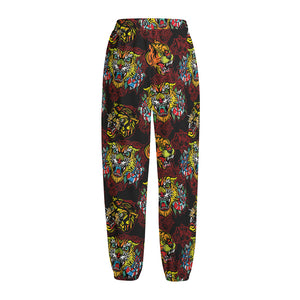 Red Tiger Tattoo Pattern Print Fleece Lined Knit Pants