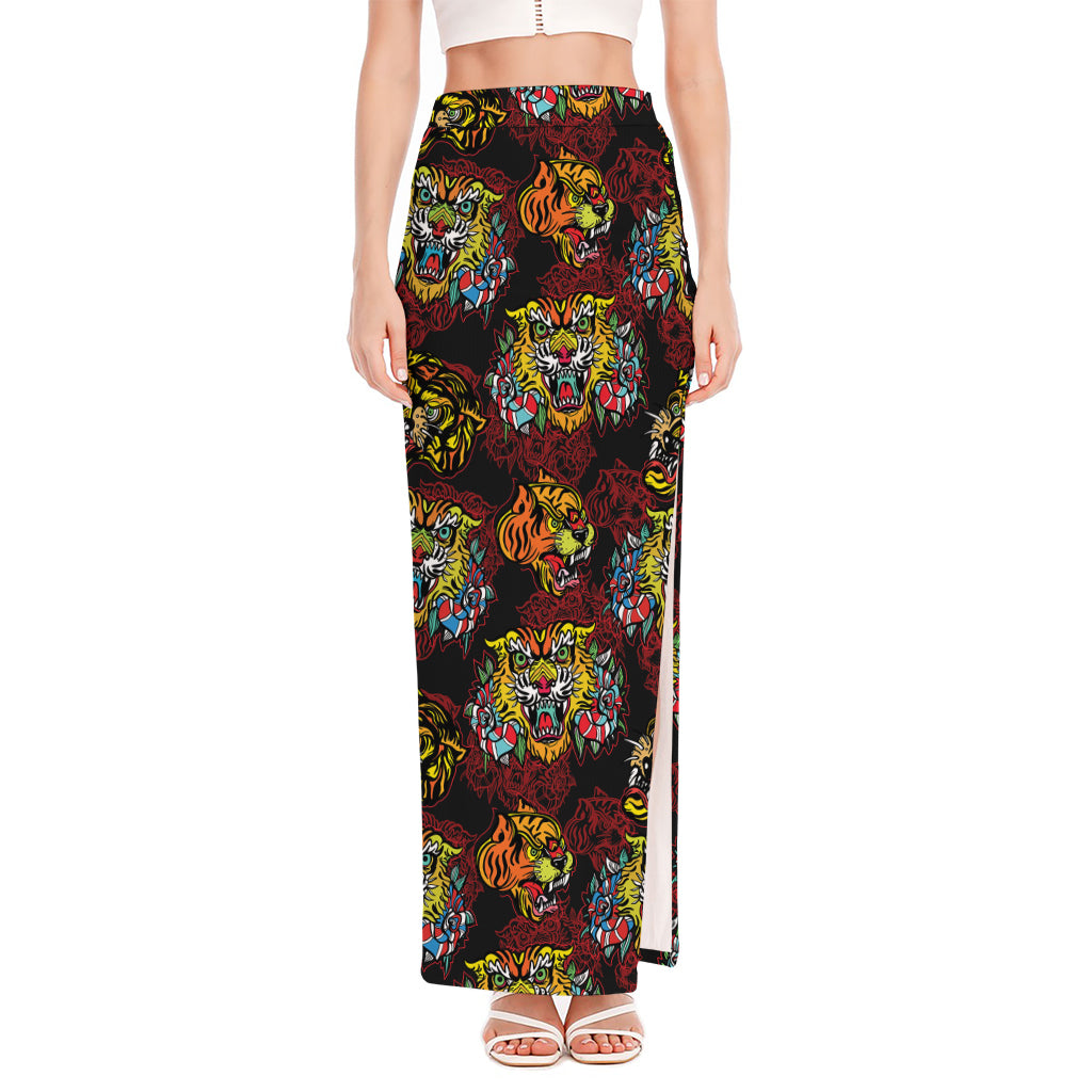 Red Tiger Tattoo Pattern Print High Slit Maxi Skirt