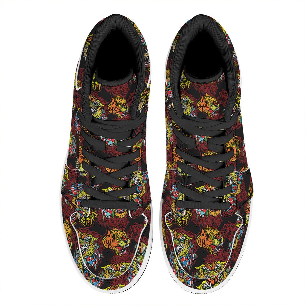 Red Tiger Tattoo Pattern Print High Top Leather Sneakers