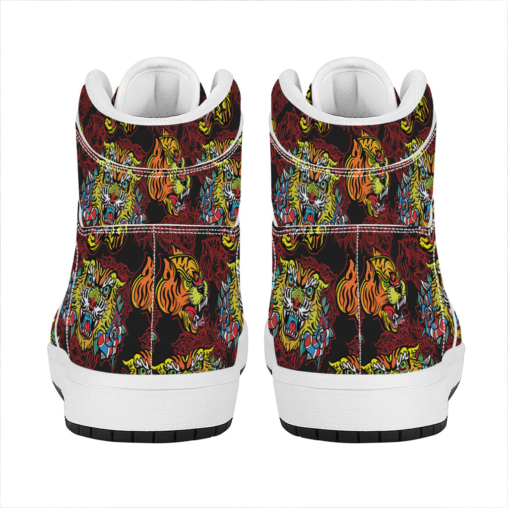 Red Tiger Tattoo Pattern Print High Top Leather Sneakers