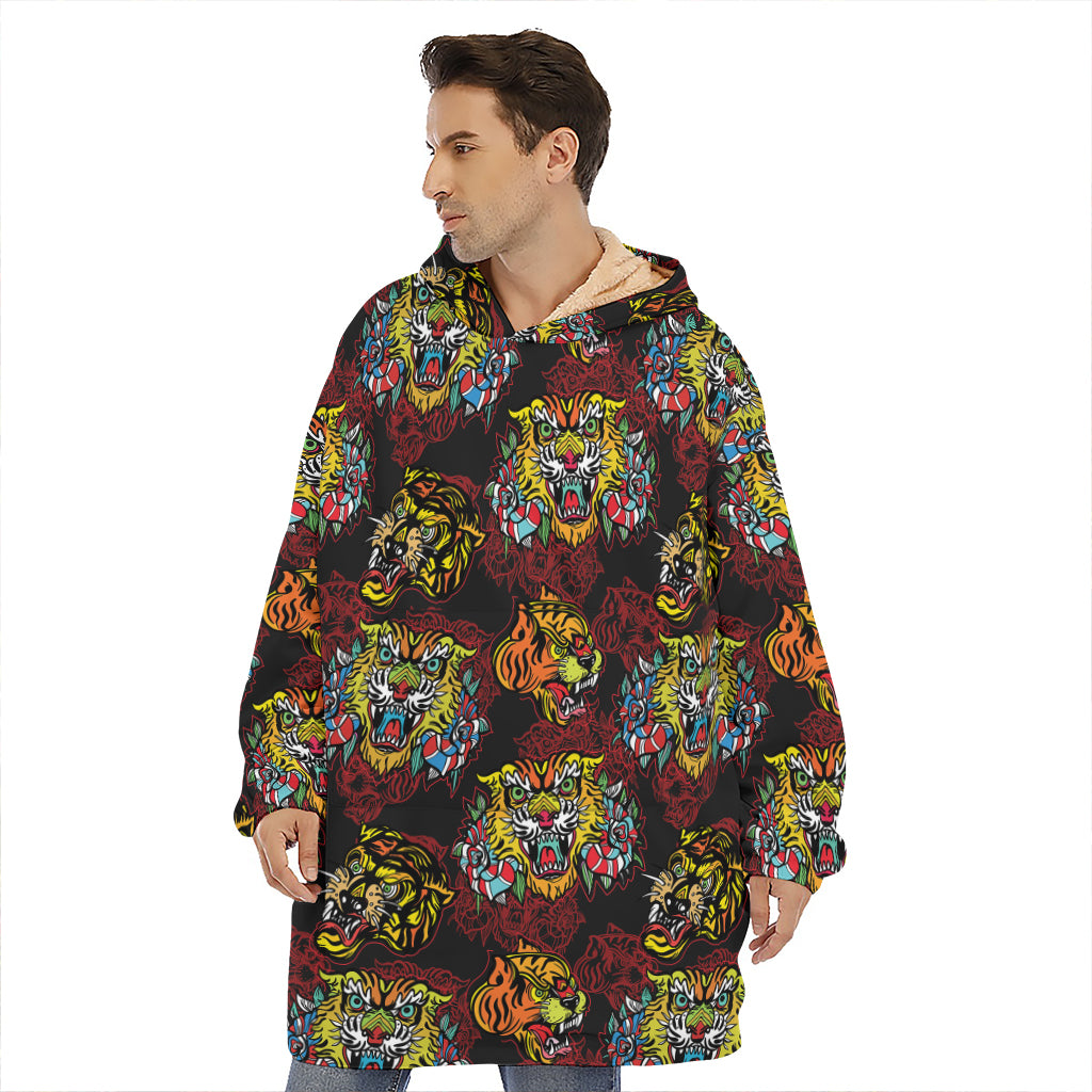 Red Tiger Tattoo Pattern Print Hoodie Blanket