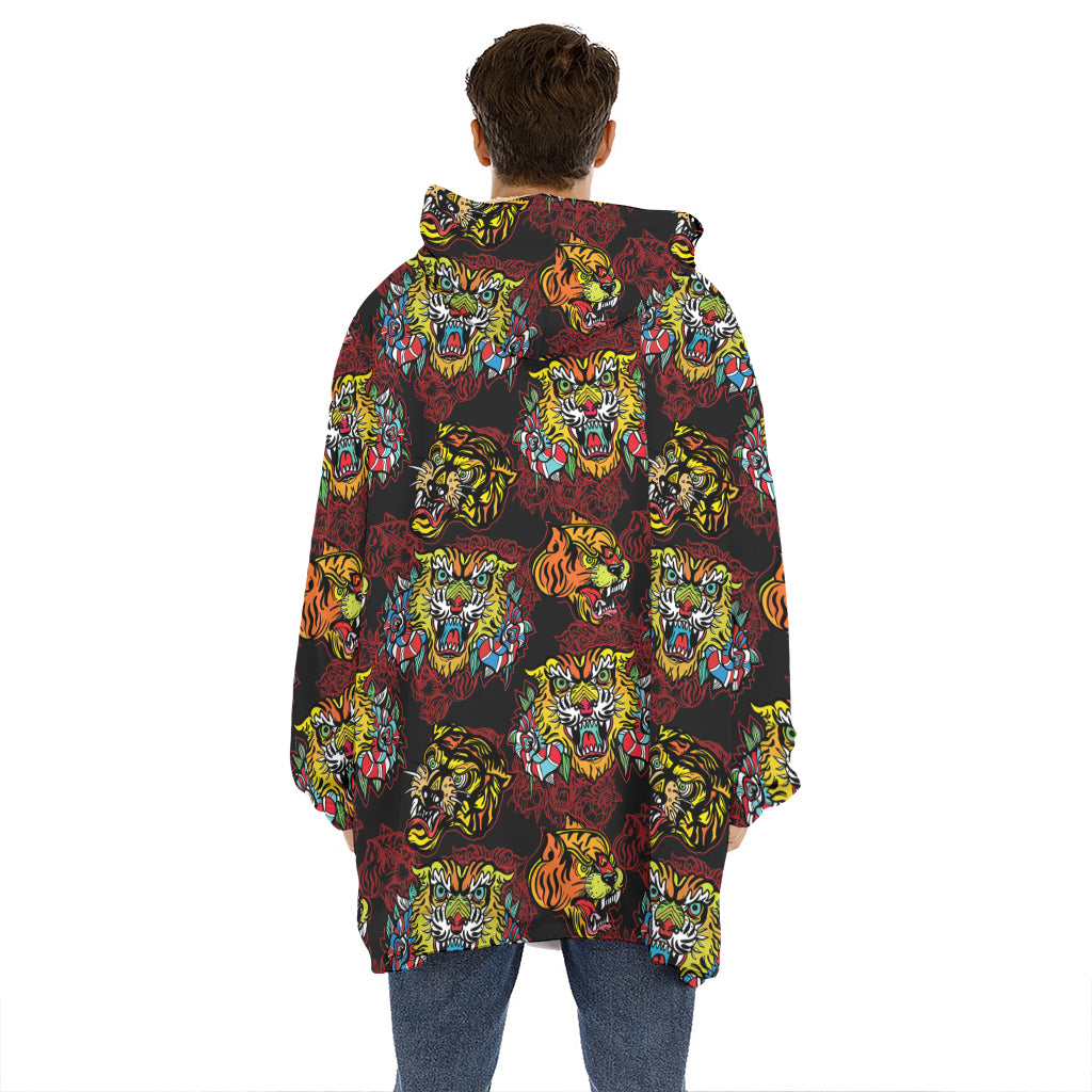 Red Tiger Tattoo Pattern Print Hoodie Blanket