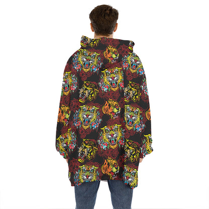 Red Tiger Tattoo Pattern Print Hoodie Blanket