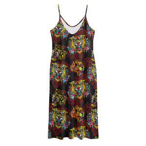 Red Tiger Tattoo Pattern Print Jersey Midi Cami Dress