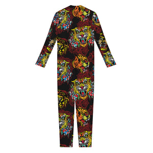 Red Tiger Tattoo Pattern Print Jumpsuit