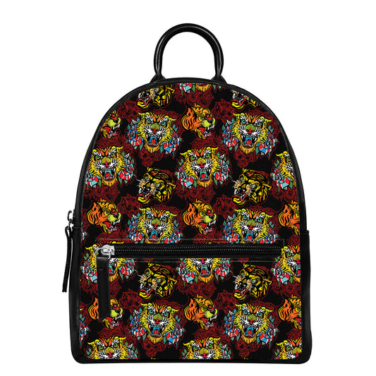 Red Tiger Tattoo Pattern Print Leather Backpack