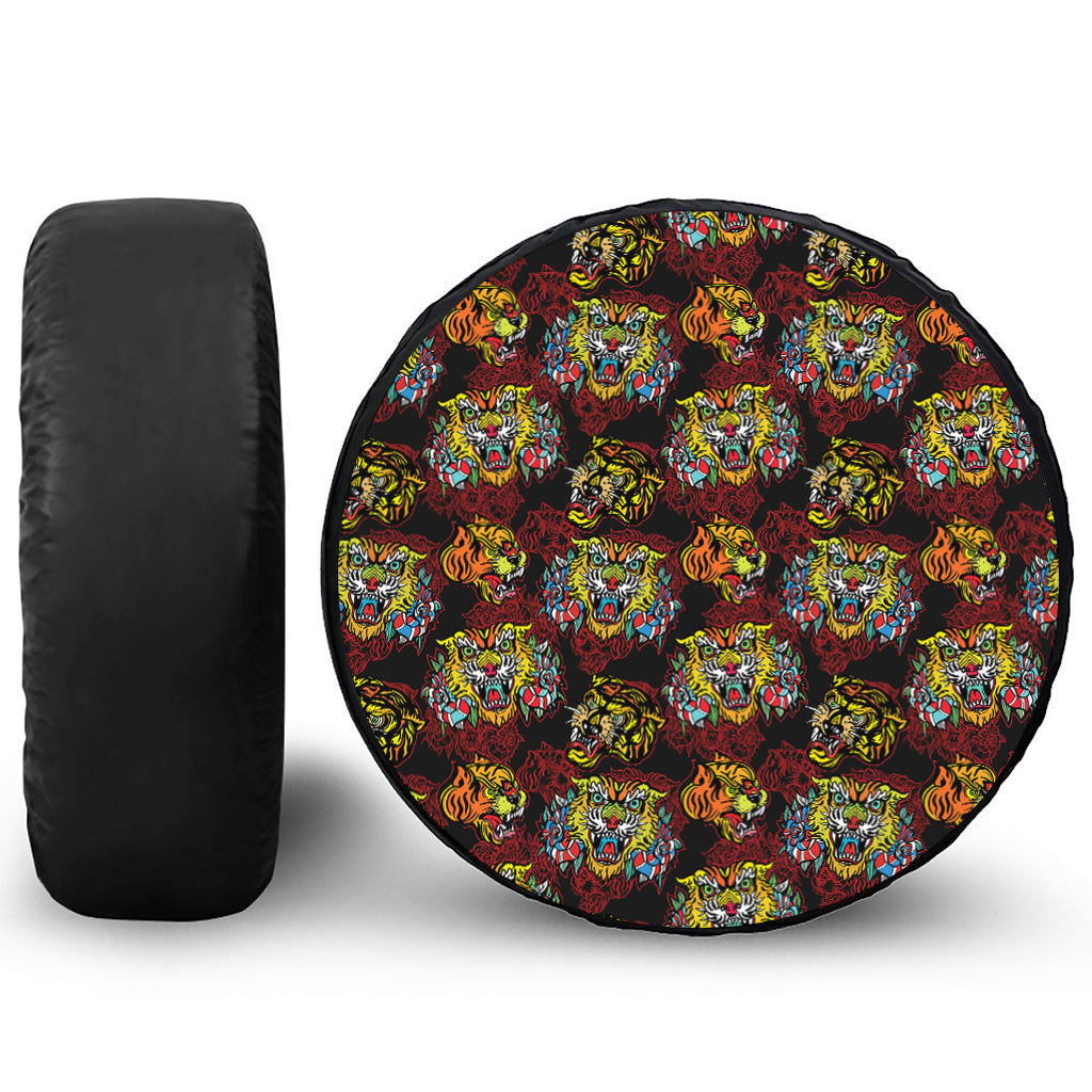 Red Tiger Tattoo Pattern Print Leather Spare Tire Cover