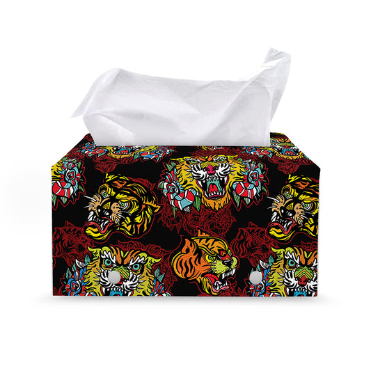 Red Tiger Tattoo Pattern Print Leather Tissue Box Cover