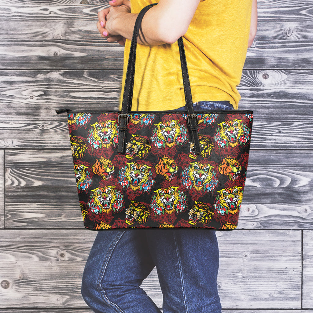 Red Tiger Tattoo Pattern Print Leather Tote Bag