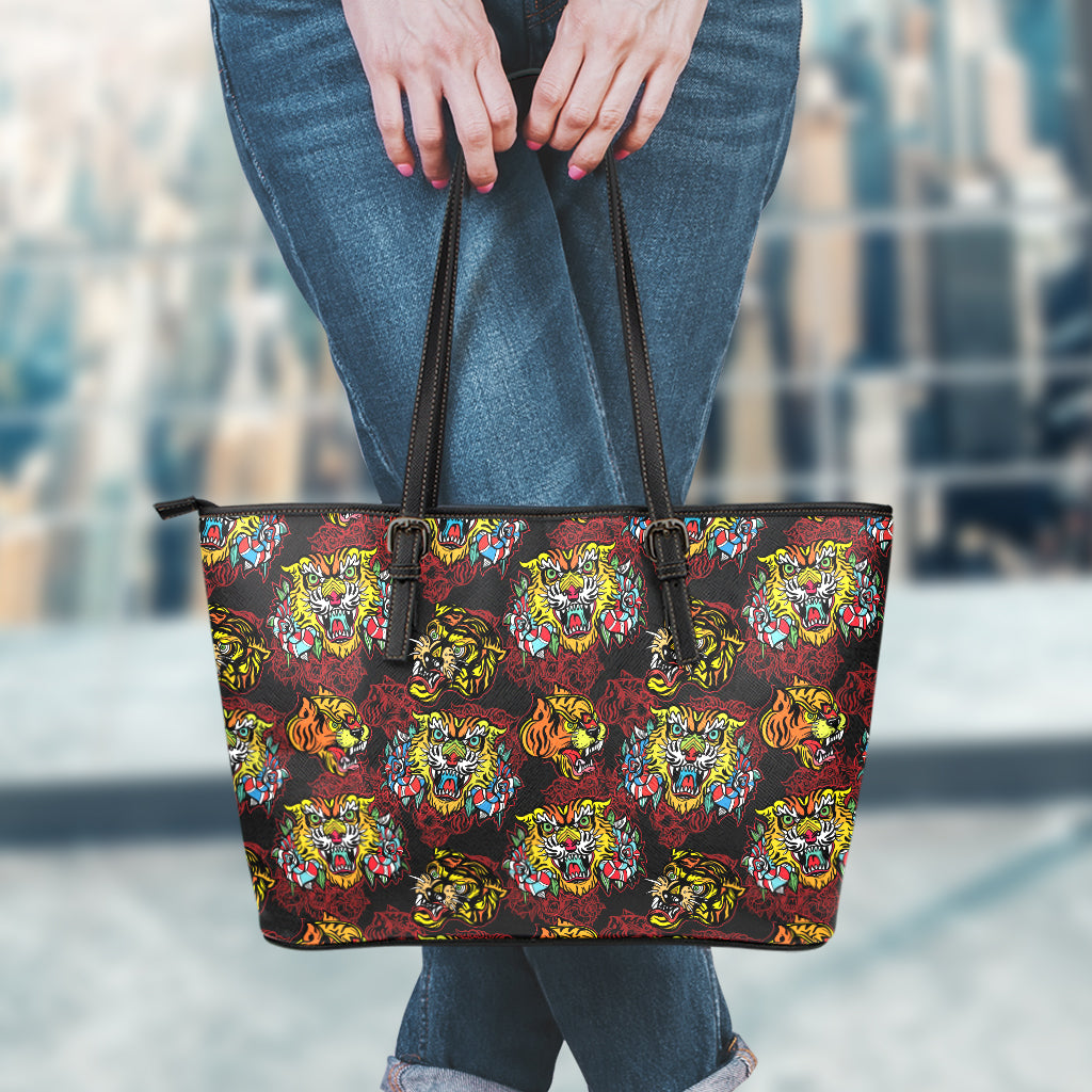 Red Tiger Tattoo Pattern Print Leather Tote Bag