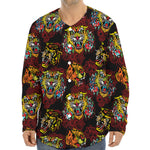 Red Tiger Tattoo Pattern Print Long Sleeve Baseball Jersey