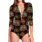 Red Tiger Tattoo Pattern Print Long Sleeve Swimsuit