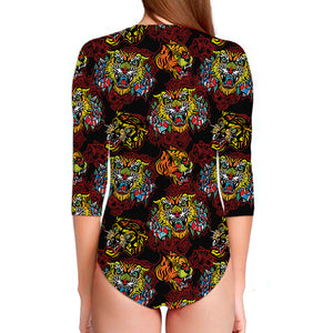 Red Tiger Tattoo Pattern Print Long Sleeve Swimsuit