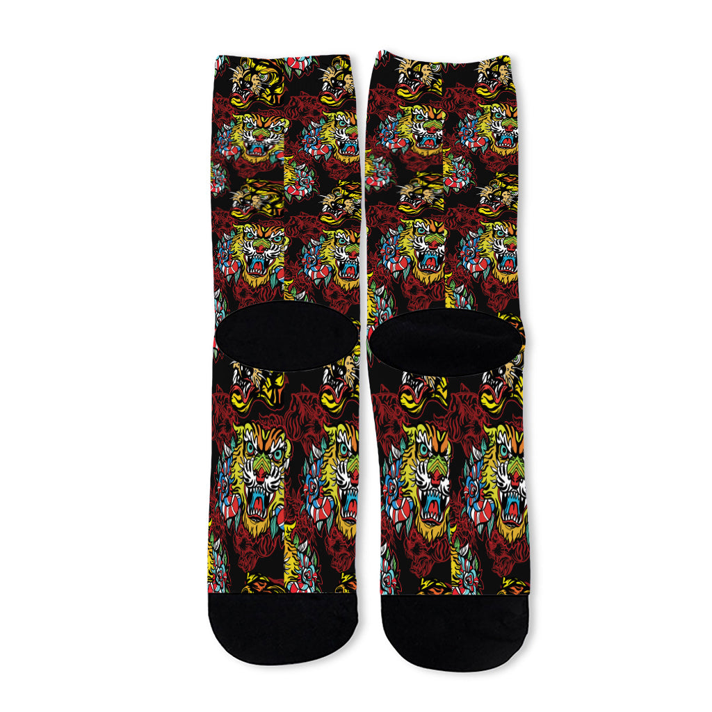 Red Tiger Tattoo Pattern Print Long Socks