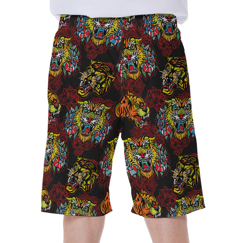 Red Tiger Tattoo Pattern Print Men's Beach Shorts