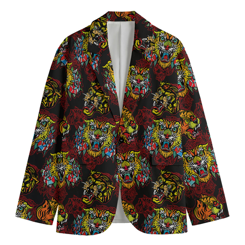 Red Tiger Tattoo Pattern Print Men's Blazer