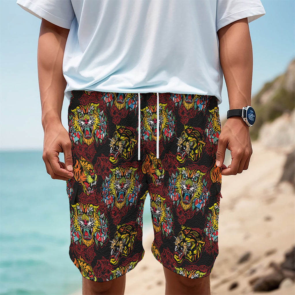 Red Tiger Tattoo Pattern Print Men's Cargo Shorts