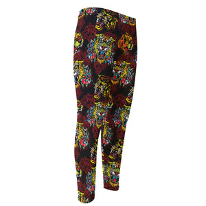 Red Tiger Tattoo Pattern Print Men's Compression Pants