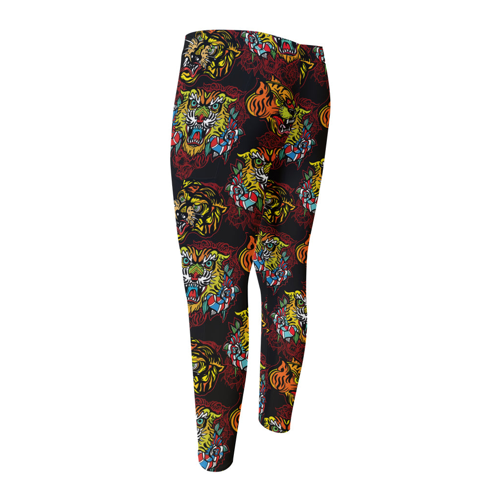 Red Tiger Tattoo Pattern Print Men's Compression Pants