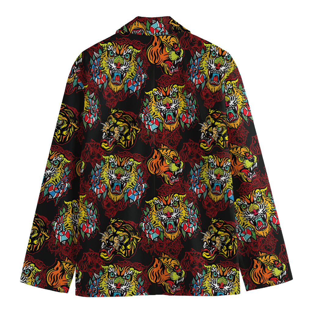 Red Tiger Tattoo Pattern Print Men's Cotton Blazer