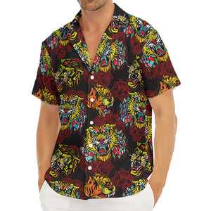 Red Tiger Tattoo Pattern Print Men's Deep V-Neck Shirt