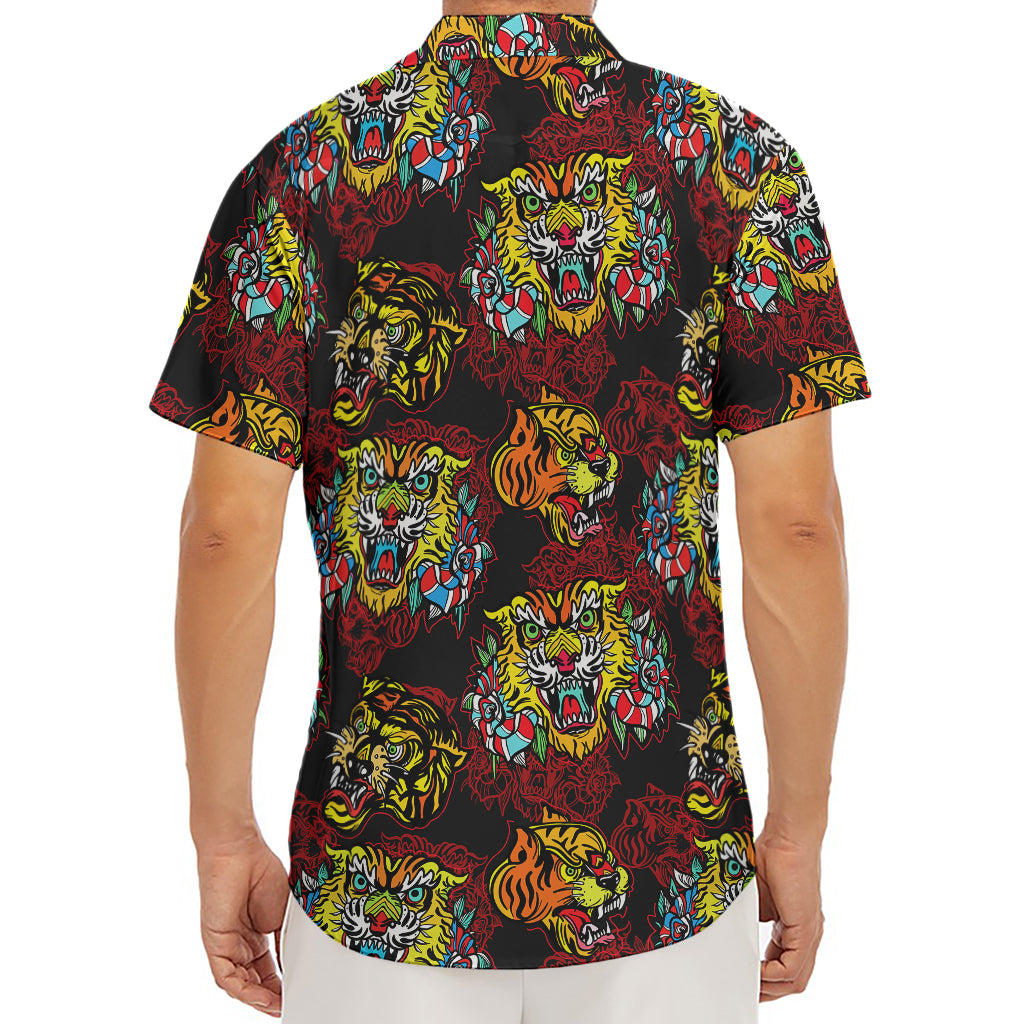 Red Tiger Tattoo Pattern Print Men's Deep V-Neck Shirt