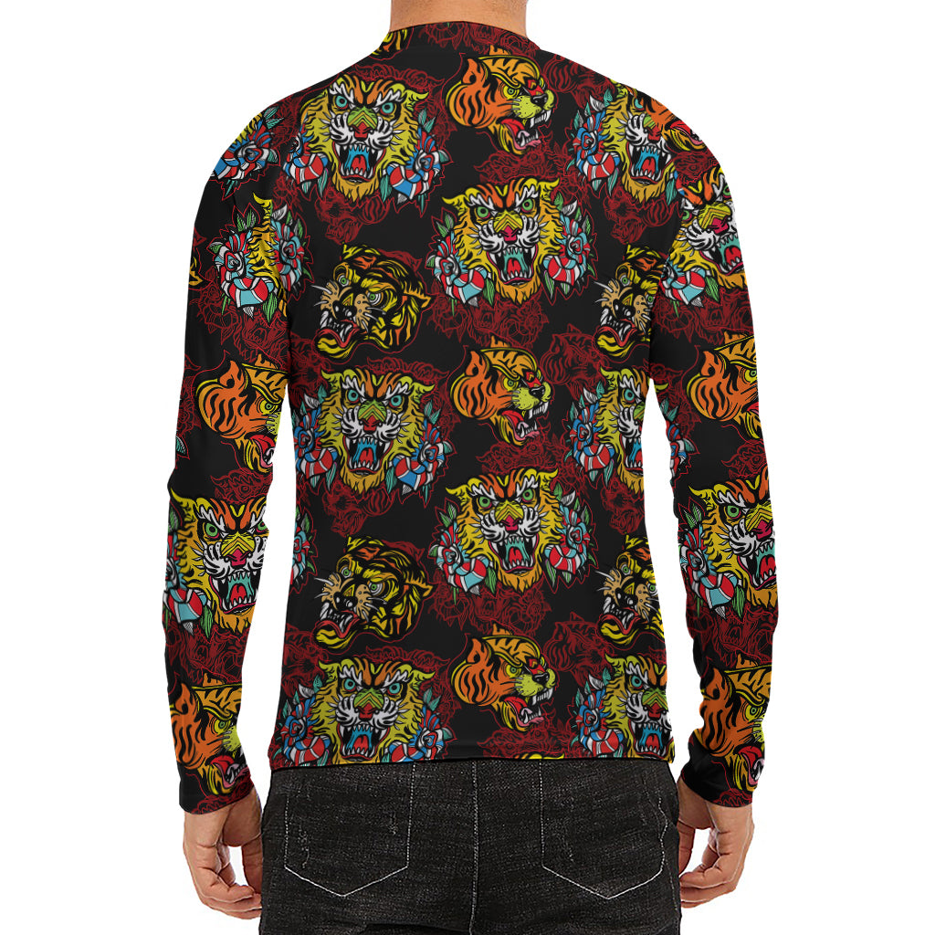 Red Tiger Tattoo Pattern Print Men's Long Sleeve Rash Guard