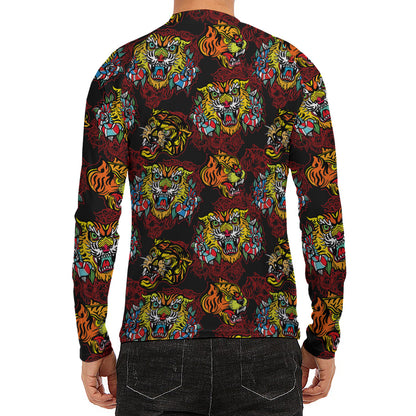 Red Tiger Tattoo Pattern Print Men's Long Sleeve Rash Guard