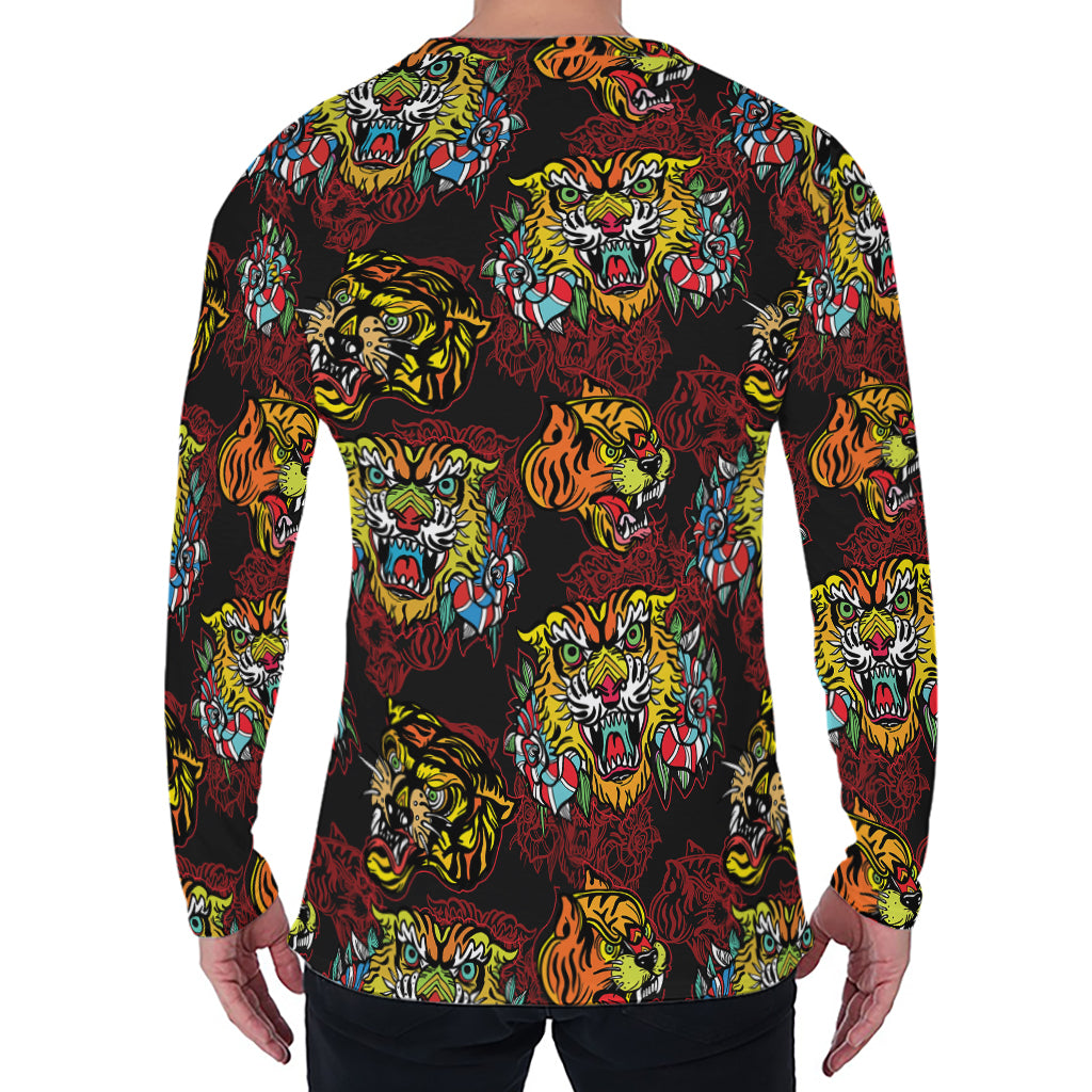 Red Tiger Tattoo Pattern Print Men's Long Sleeve T-Shirt