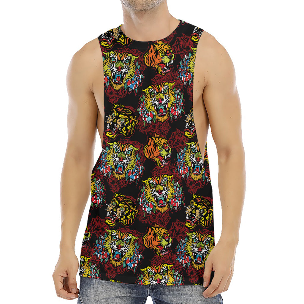 Red Tiger Tattoo Pattern Print Men's Muscle Tank Top