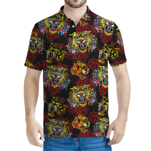 Red Tiger Tattoo Pattern Print Men's Polo Shirt