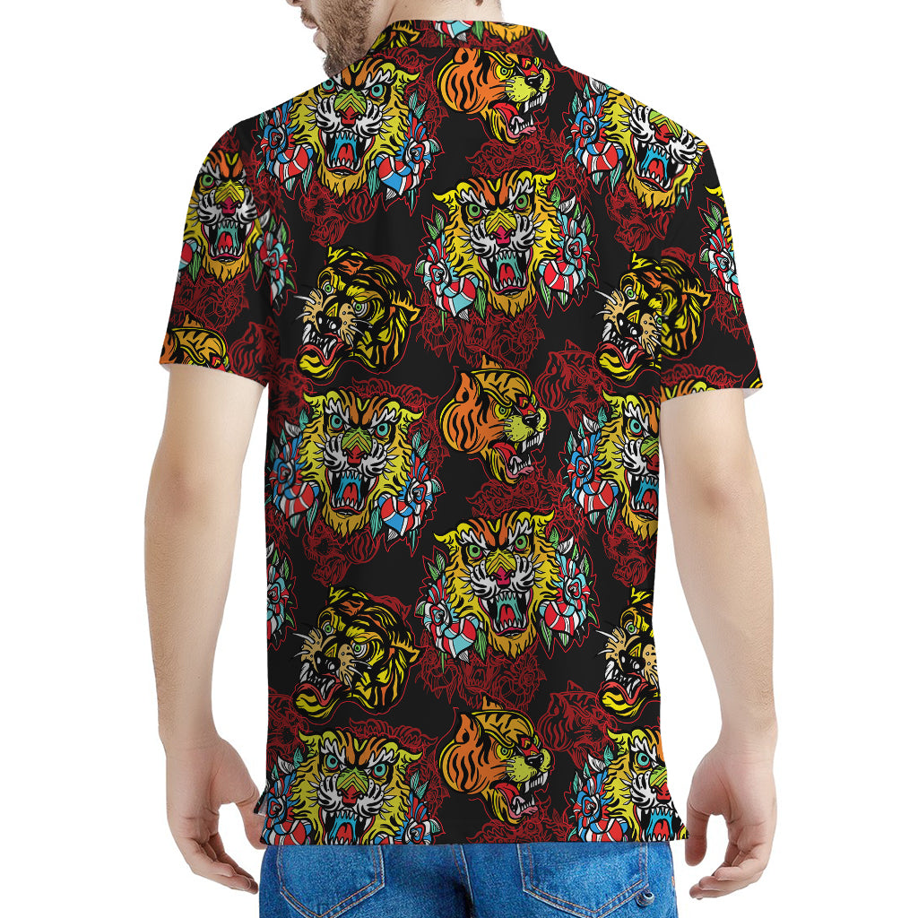 Red Tiger Tattoo Pattern Print Men's Polo Shirt