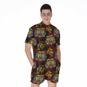 Red Tiger Tattoo Pattern Print Men's Rompers