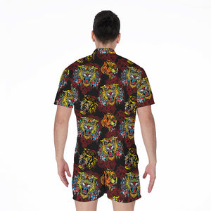 Red Tiger Tattoo Pattern Print Men's Rompers