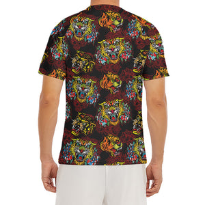 Red Tiger Tattoo Pattern Print Men's Short Sleeve Rash Guard