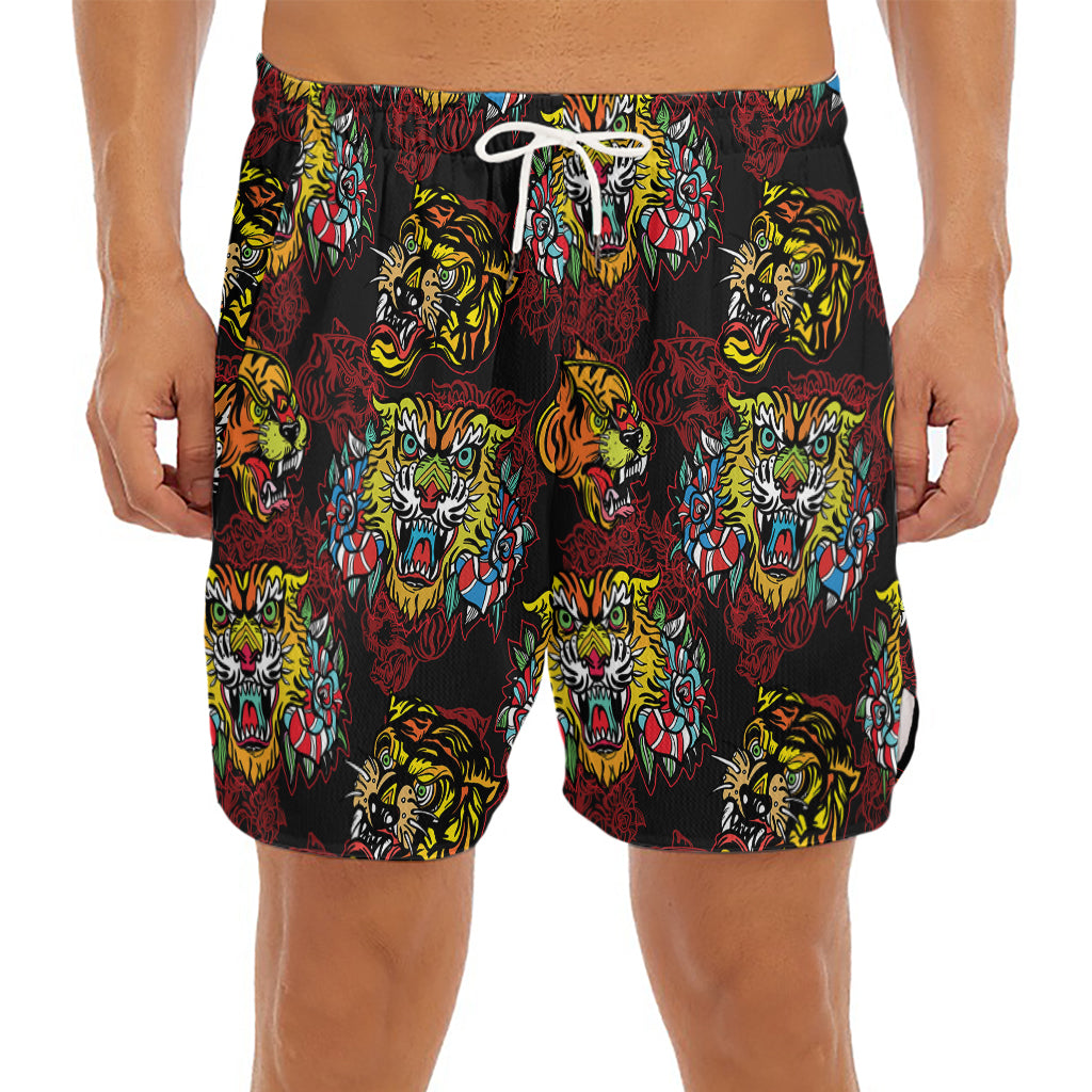 Red Tiger Tattoo Pattern Print Men's Split Running Shorts