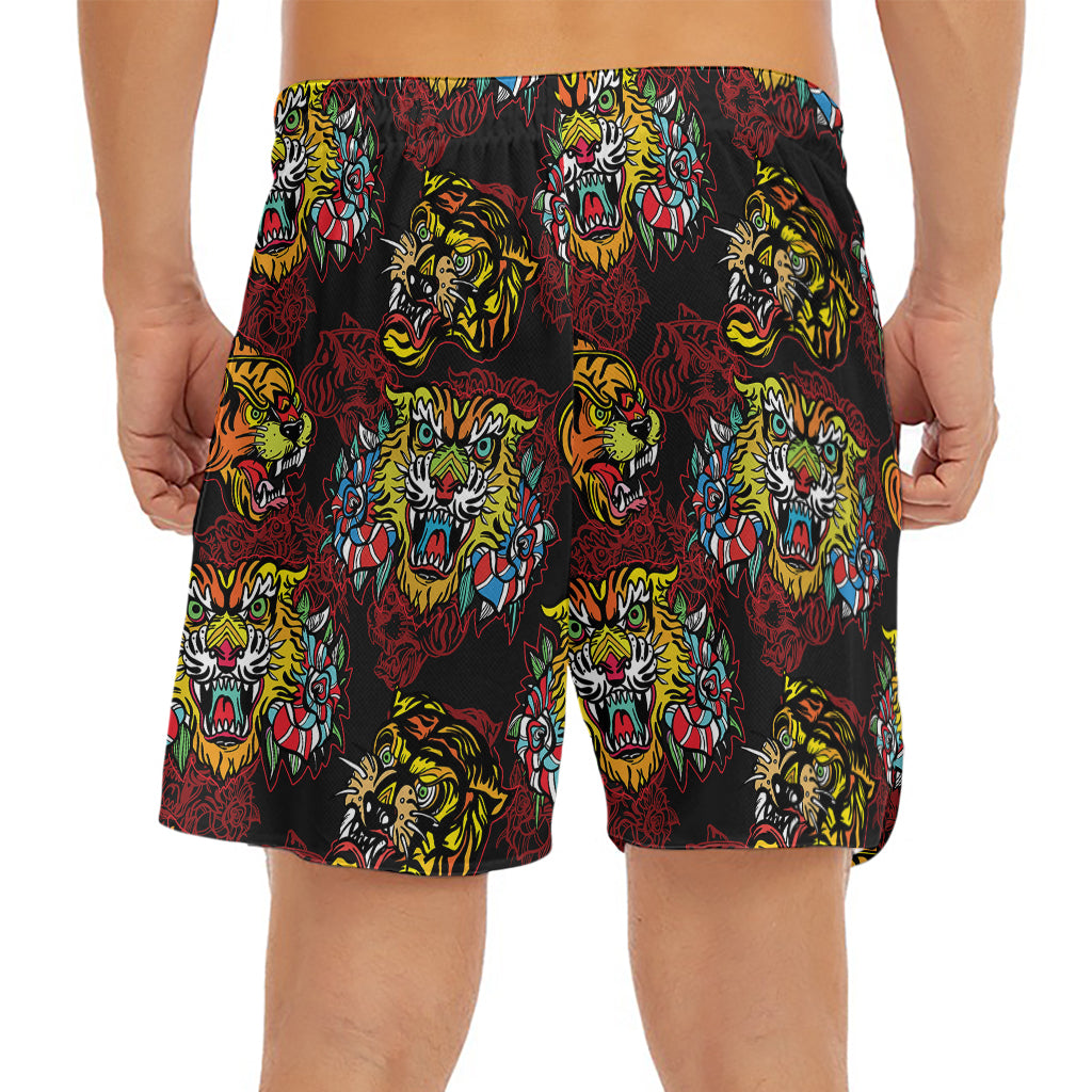 Red Tiger Tattoo Pattern Print Men's Split Running Shorts