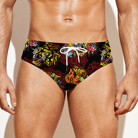 Red Tiger Tattoo Pattern Print Men's Swim Briefs