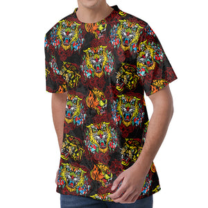 Red Tiger Tattoo Pattern Print Men's Velvet T-Shirt