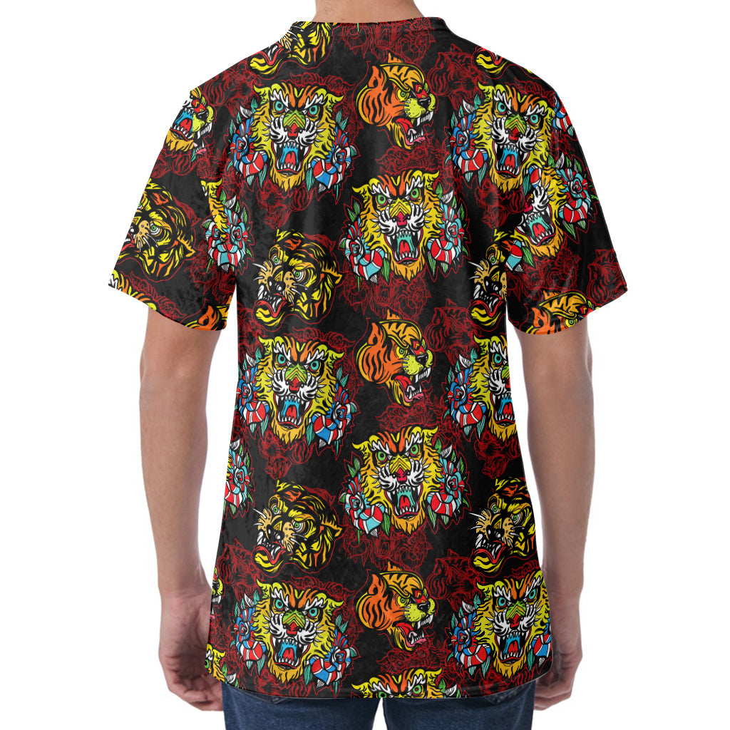 Red Tiger Tattoo Pattern Print Men's Velvet T-Shirt